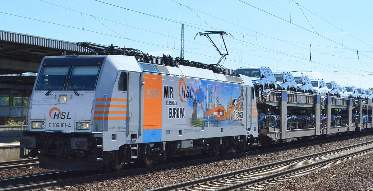 HSL mit der Rpool]  E 186 181-4  [NVR-Number: 91 80 6186 181-4 D-Rpool] und PKW-Transportzug Richtung Polen am 26.06.18 Bf. Flughafen Berlin-Schönefeld. 