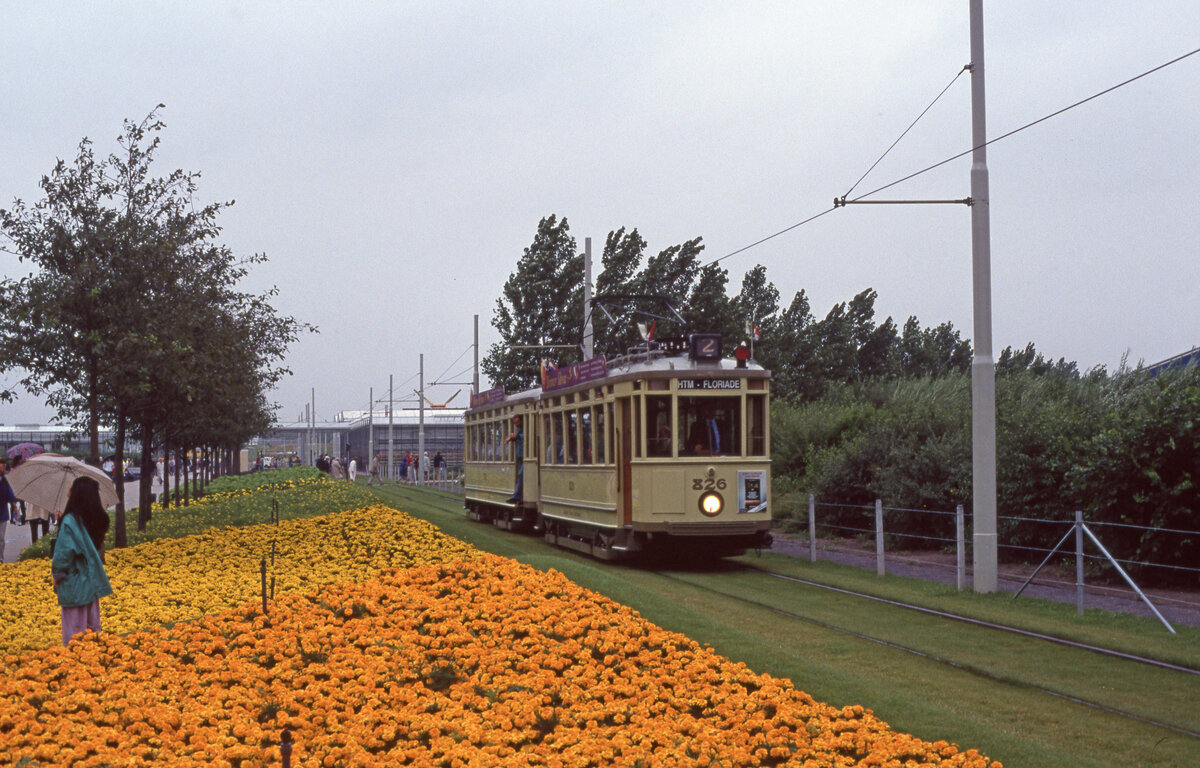HTM 826 mit Beiwagen 780 beim Einsatz auf der  Floriade  in Zoetermeer am 13.07.1992. Scanbild 5992, Fujichrome100.