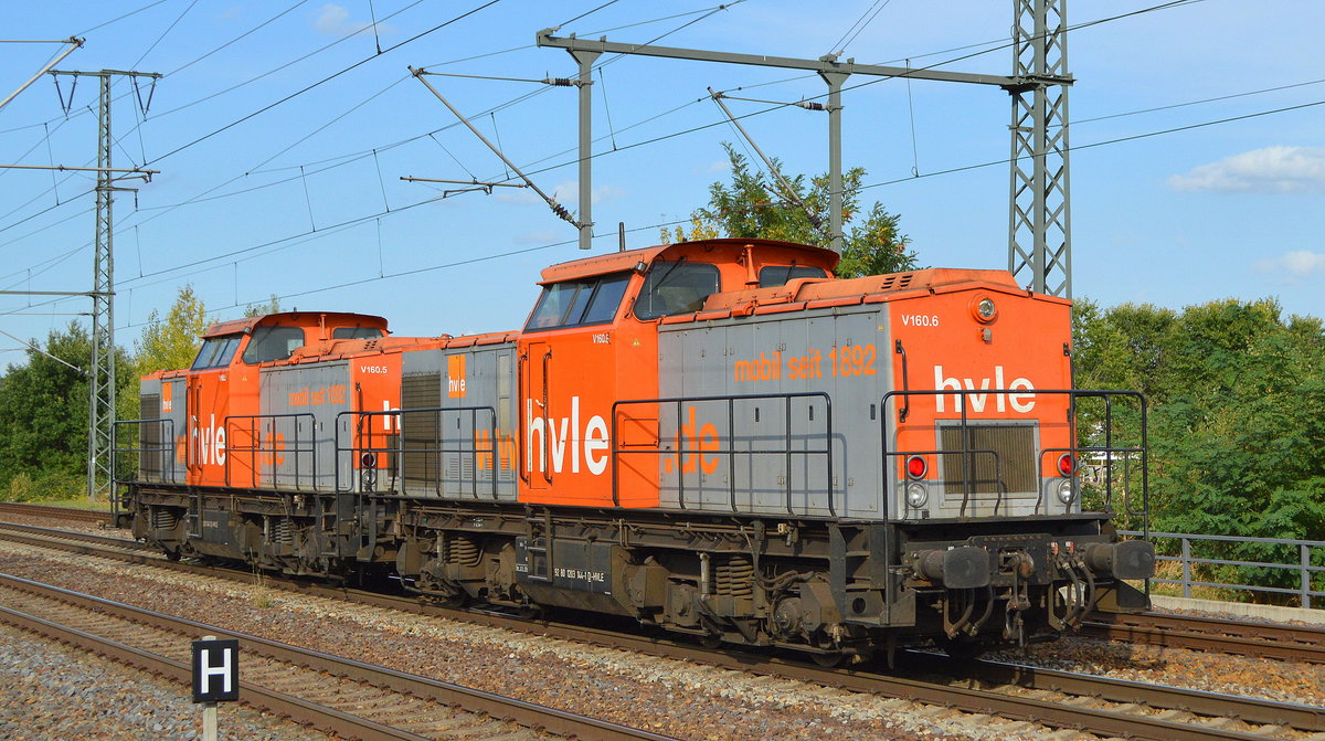 hvle Doppeltraktion  V160.5  (NVR:  92 80 1203 143-3 D-HVLE ) +  V160.6  (NVR:  92 80 1203 144-1 D-HVLE ) am 24.09.20 Bf. Saarmund.