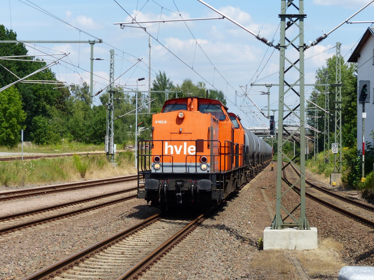 HVLE V160.6 und V160.? schleppen einen Kesselzug durch`s Vogtland. Neumark(Vogtl.)22.07.2014.