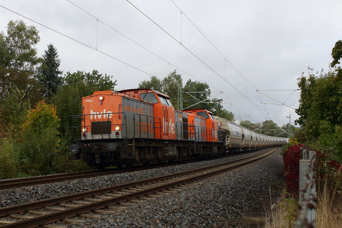 HVLE V160.7 und .8 am Getreidezug gen Hof als DGS 61465. Aufgenommen in Plauen am 9.10.2016