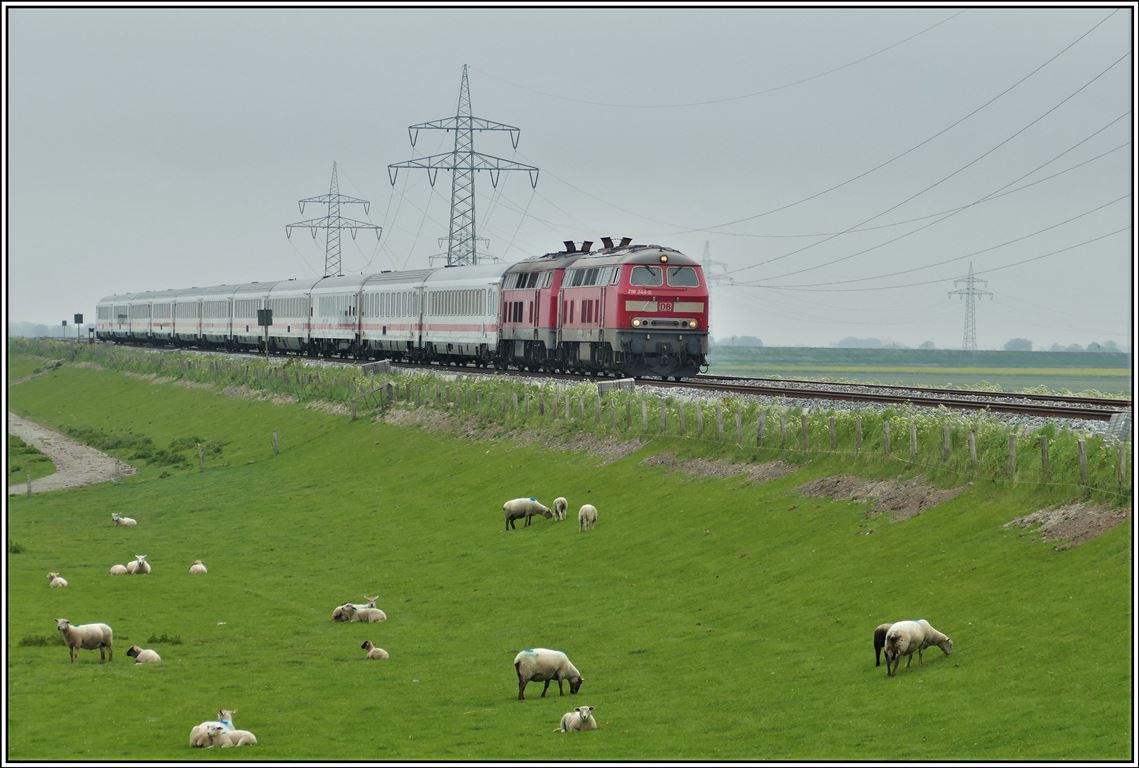 IC2314  Deichgraf  nach Westerland/Sylt mit 218 397-8 und 218 344-0 auf der Rampe zum Hindenburgdamm. (21.05.2019)