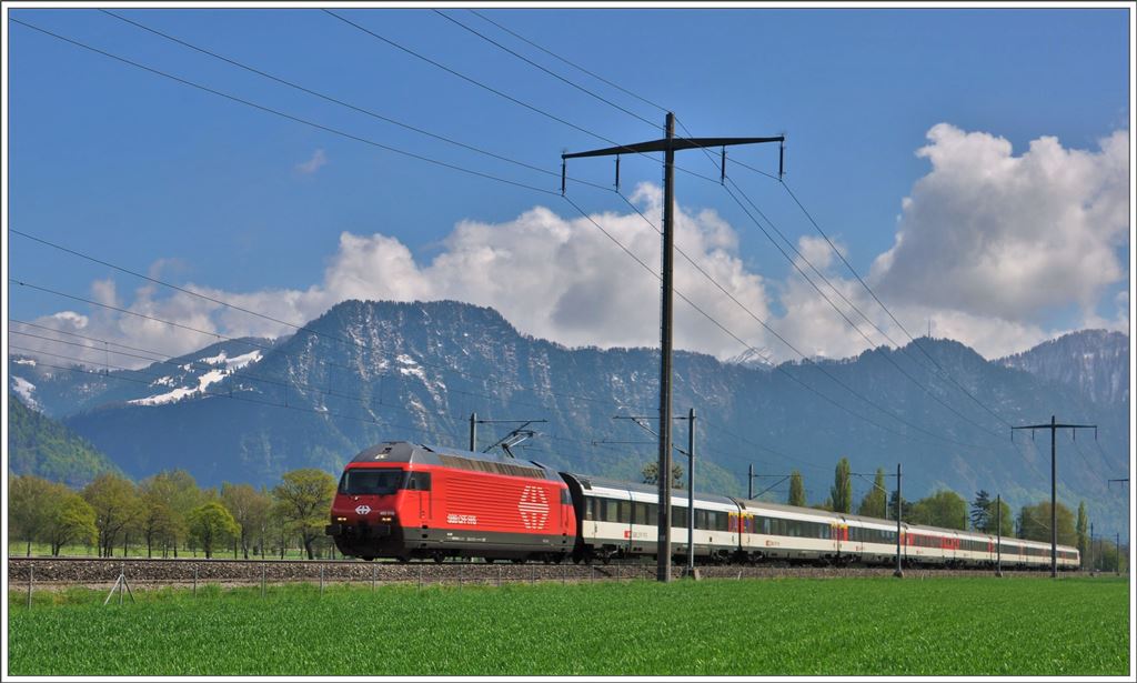 IC574 mit Re 460 015 zwischen Landquart und Maienfeld mit Blick Richtung Skigebiet Grüsch-Danusa. (19.04.2016)