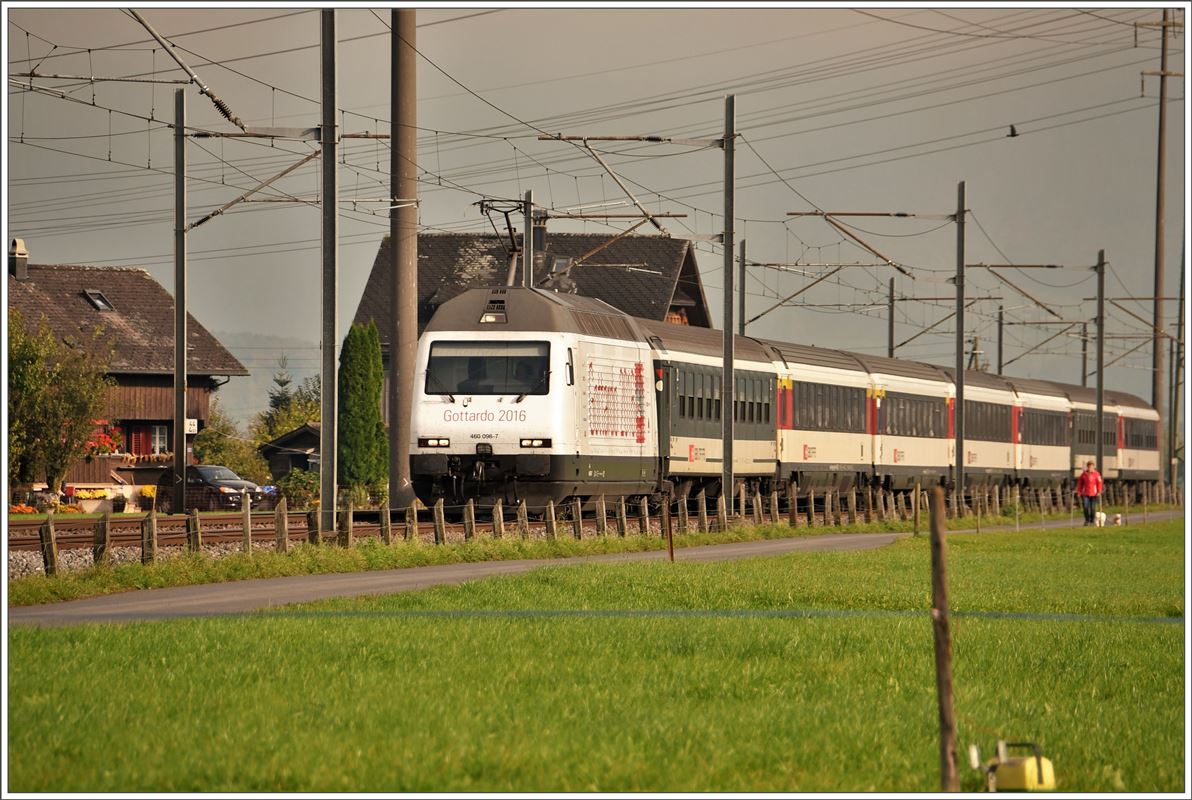 IC928 mit 460 098-7 in der March zwischen Schübelbach-Buttikon und Siebnen-Wangen. (24.10.2016)