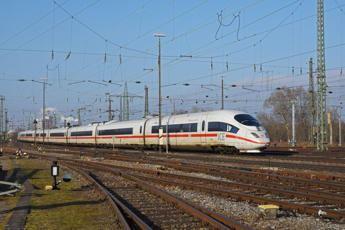 ICE 3 406 583-5 fährt beim badischen Bahnhof ein. Die Aufnahme stammt vom 23.01.2020.