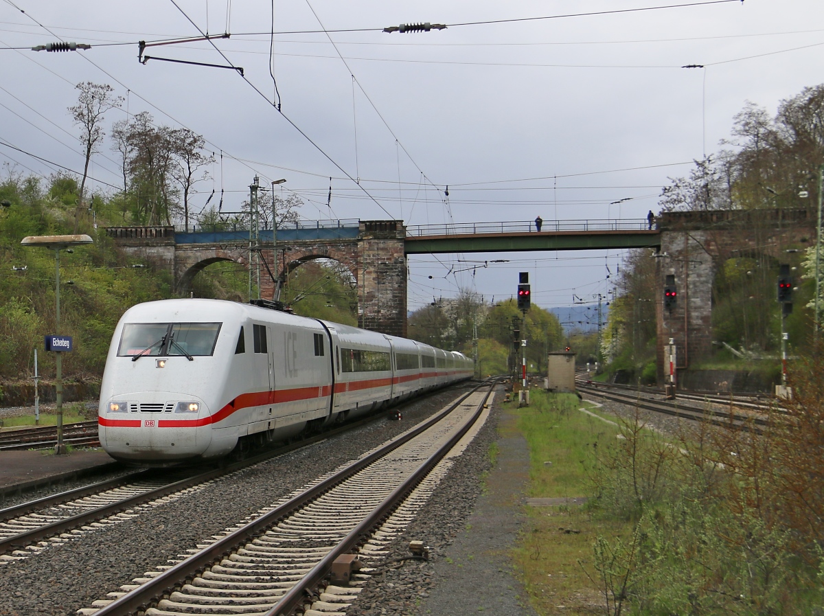 ICE der Baureihe 401 als Umleiter in Fahrtrichtung Göttingen. Aufgenommen in Eichenberg am 23.04.2016.