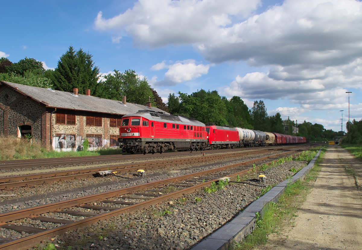 Ich bringe die E-Lok schon selbst mit. 233 219-5 mit 145 065-9 im Schlepp bringt einen gemischten Güterzug aus Richtung Marktredwitz nach Hof. Bahnstrecke 5100 Bamberg - Hof 25.05.2017 bei Oberkotzau