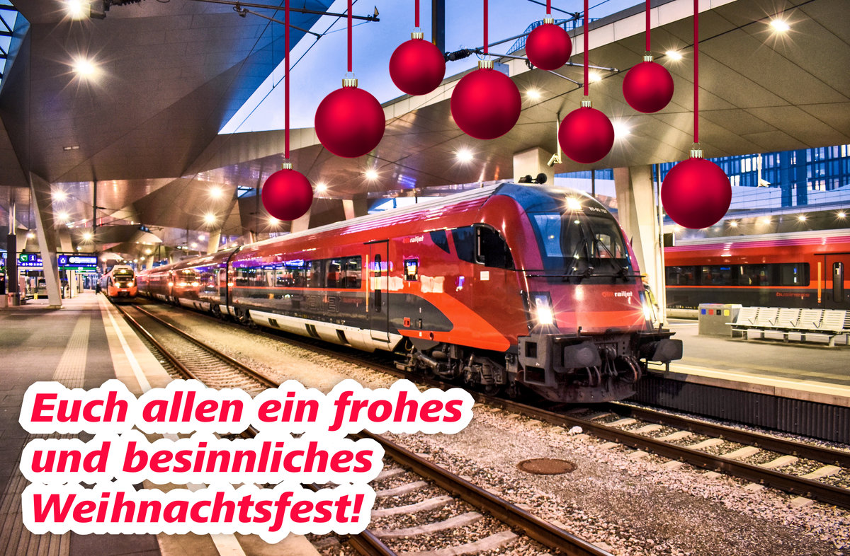 ICH WÜNSCHE EUCH ALLEN FROHE WEIHNACHTEN UND EINEN GUTEN RUTSCH INS NEUE JAHR :-)

ZUM BILD:
Der railjet 865  Achensee  (Bregenz - Innsbruck - Salzburg - Wien Hbf), hat soeben Wien Hbf erreicht.
Geschoben wurde der Zug von 1116 157-9, der  Gemeinsam.Sicher -Werbelok.
Aufgenommen am 23.11.2018.