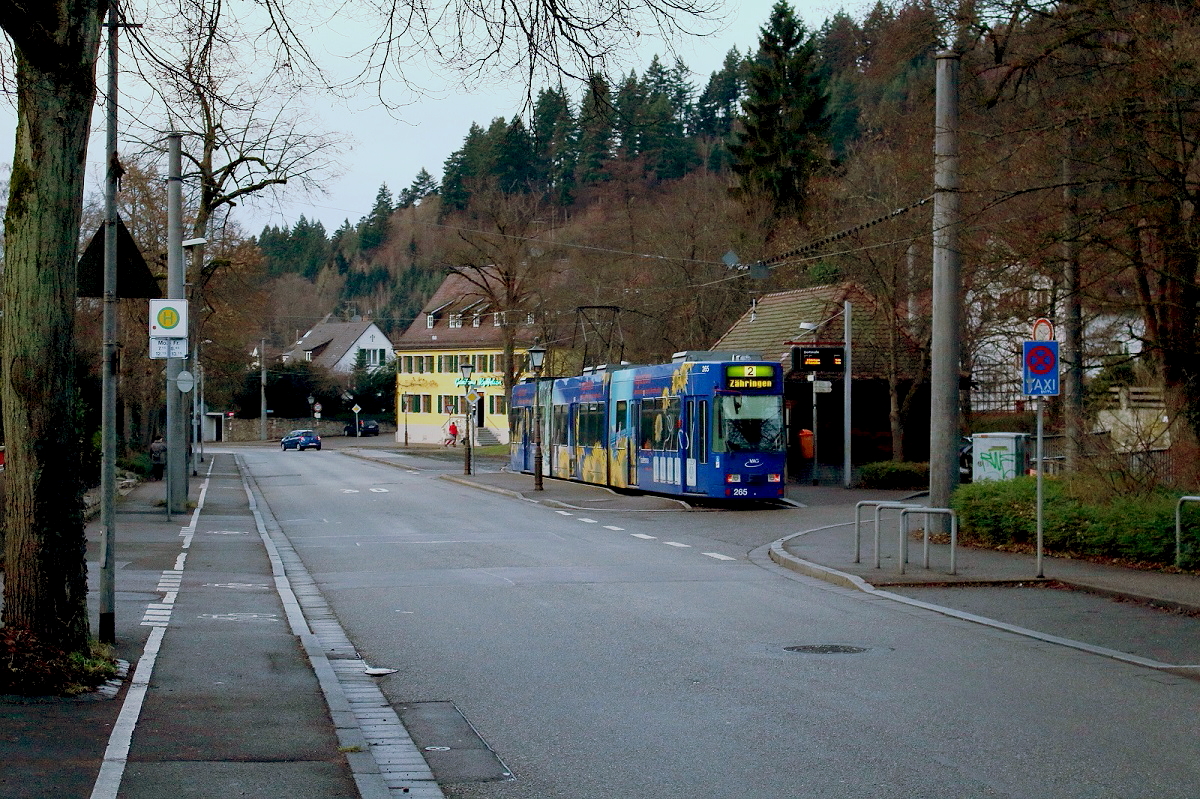 Idyllisch liegt die Endhaltestelle Günterstal der Freiburger Straßenbahn,am 02.01.2014 wartet der GT8Z 265 auf Fahrgäste in die Innenstadt