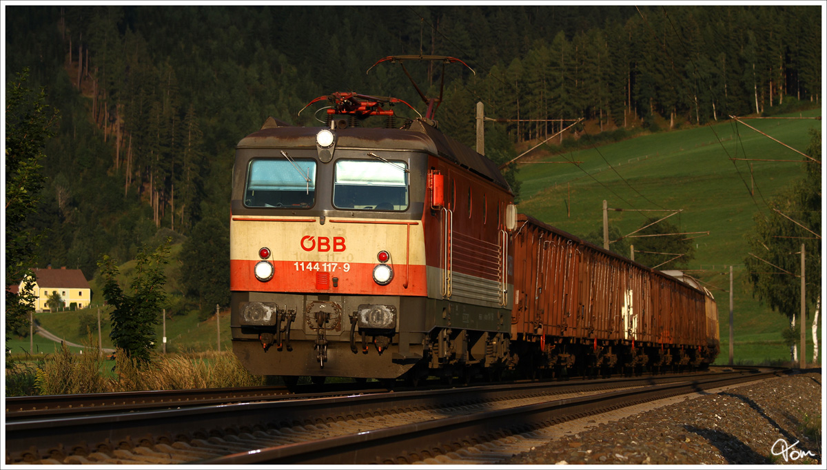 Im Abendlicht, fhrt  Schachbrett  1144 117 mit DG 55507 (Zur - Ve) durch St.Lorenzen.
29.8.2013