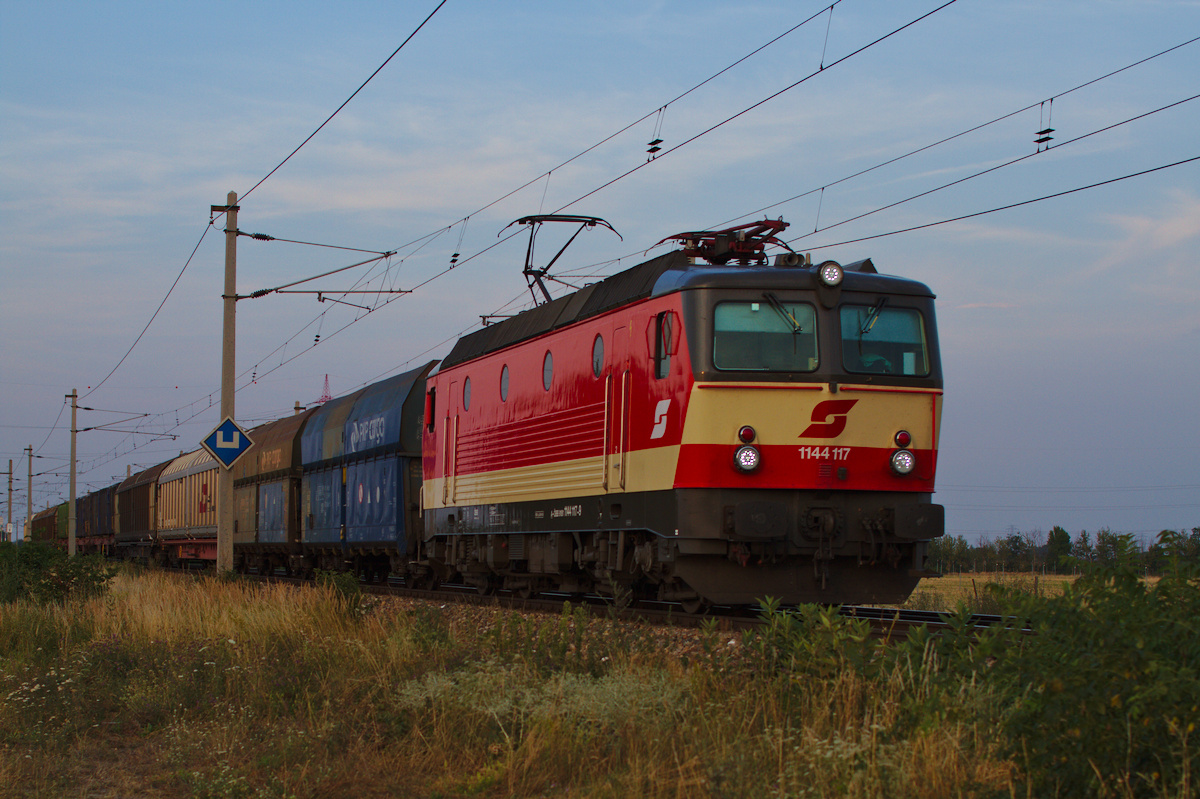 Im Abendlicht fuhr mir die Schachbrett-1044er 1144 117 mit einem Güterzug kurz vor Süssenbrunn vor die Linse. (24.07.2015)