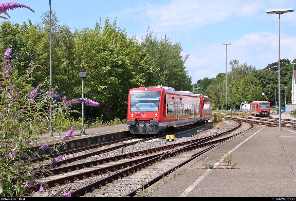 Im Einklang mit der Natur II...
650 114 und 650 ??? (Stadler Regio-Shuttle RS1) der DB ZugBus Regionalverkehr Alb-Bodensee GmbH (RAB) (DB Regio Baden-Württemberg) als RB 22769 von Radolfzell erreichen ihren grünen Endbahnhof Friedrichshafen Stadt auf Gleis 1.
[11.7.2018 | 12:23 Uhr]