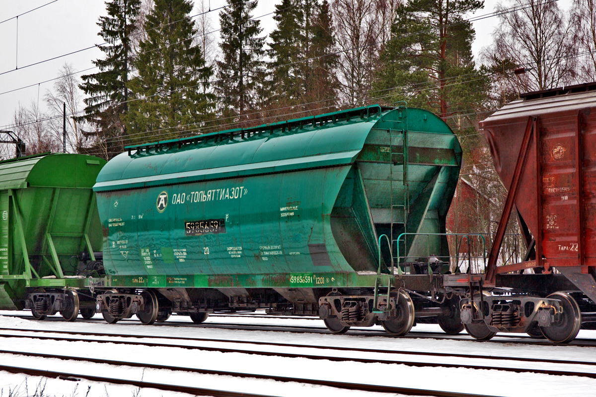 Im finnischen Grenzbahnhof Vainikkala steht der russchische Schüttgutwagen Nr.59 85 65 9 abgestellt.Bild vom 28.1.2016