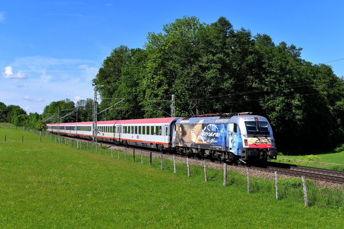 Im Frühjahr diesen Jahres wechselte die 1216.019 ihr optisches Erscheinungsbild. Im Auftrag des Modellbahnherstellers Roco erhielt die Lok eine Folierung mit Motiven, die an das italienische Universalgenie Leonardo da Vinci erinnern soll. Die gelungene Werbelok konnte am 01. Juni 2019 vor dem EC 83 von München HBF nach Verona Porta Nuova bei Vogl fotografiert werden. 