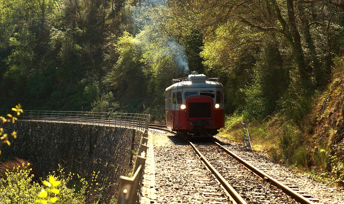 Im Gegenlicht: Der Billard-Triebwagen 213  des Train de l'Ardeche am 08.04.2017 in der Gorges du Doux