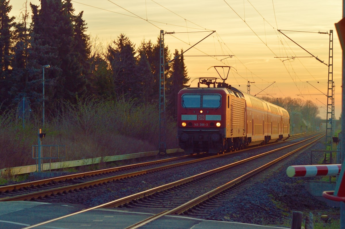 Im gleissenden Licht der versinkenden Abendsonne kommt die 143 366-3 mit einem RB 27 Dostockzug nach Koblenz an den Bü Fürther Hecke bei Gubberath herangefahren. 20.3.2014