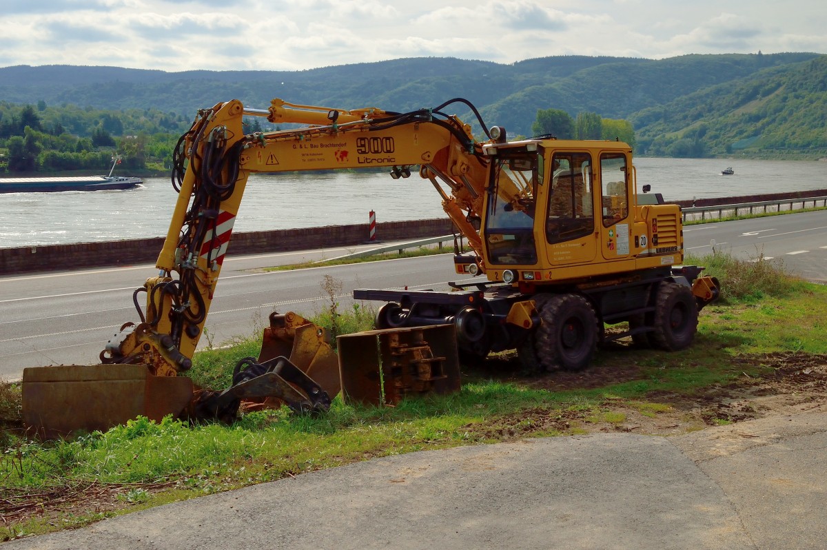 Im Gr�nen steht dieser Zweiwegebagger in der n�he von Boppard vor einem Feldwegbahn�bergang. 21.9.2013