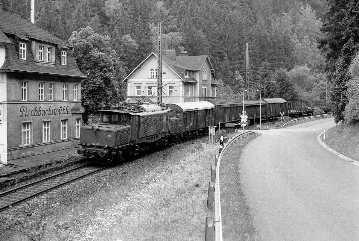 Im Krze wird 194 541 auf dem Weg nach Probstzella die  Zonengrenze  bei Falkenstein passieren (Mai 1983).