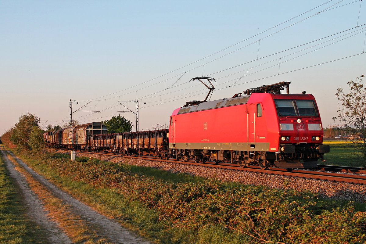 Im letzten Sonnenlicht am Abend des 23.04.2020 fuhr 185 123-7 mit dem EZ 44613 (Mannheim Rbf - Basel SBB RB) südlich von Buggingen über die Rheintalbahn durchs Markgräflerland in Richtung Müllheim (Baden).