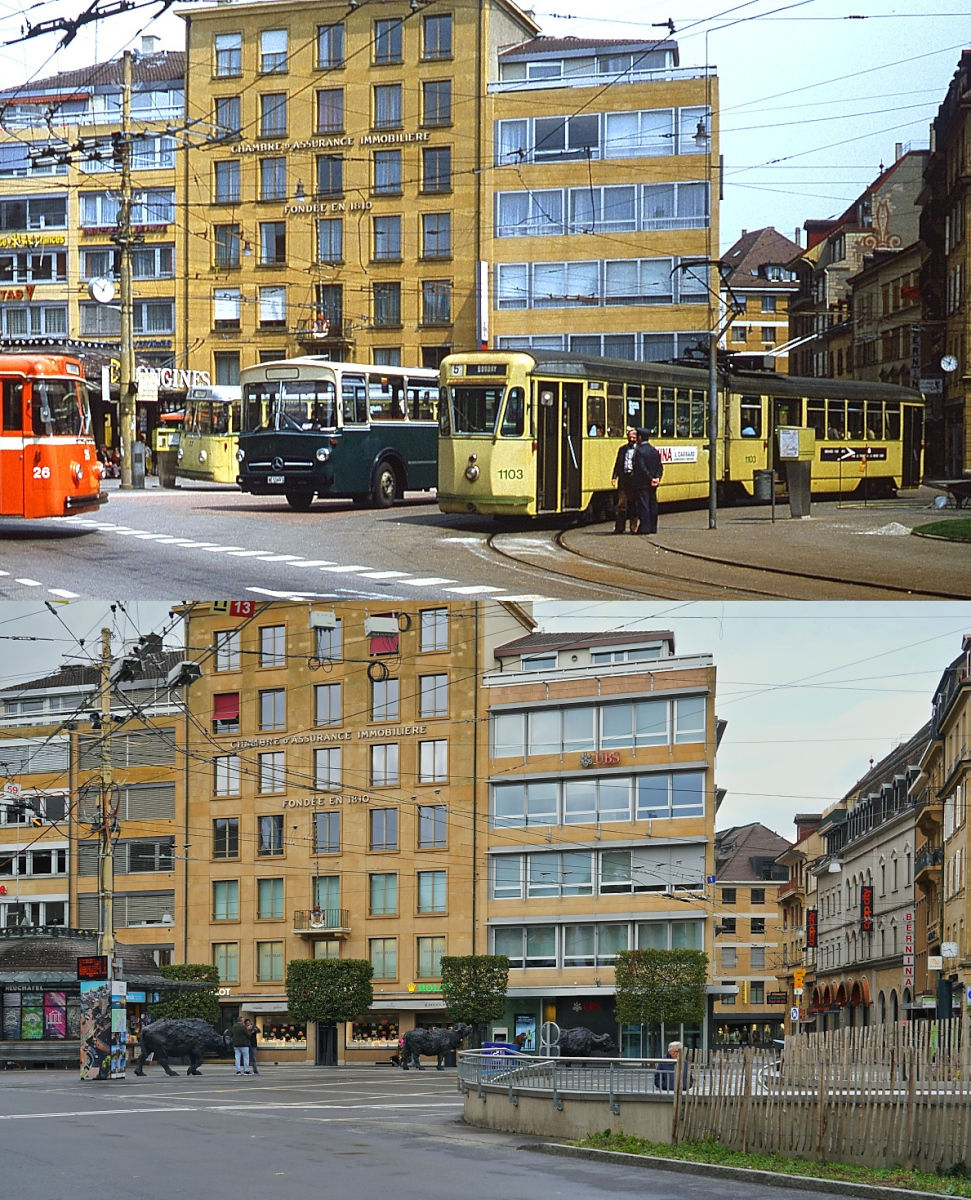 Im Mai 1980 hatte ich die Überlandstrecke der Straßenbahn Neuchatel vom Place Pury nach Boudry besucht. Damals war sie die letzte Linie der Straßenbahn, die Stadtstrecken waren zwischen 1940 und 1976 durch Trolleybusse ersetzt worden. Auf der oberen Aufnahme herrscht auf dem Place Pury Hochbetrieb, u. a. wartet in der Wendeschleife der Be 6/6 1103 der Linie 5 auf die Abfahrt nach Boudry. Bei dem Triebwagen (Breda 1947) handelt es sich um ein gebraucht aus Genua übernommenes Fahrzeug. Die Endhaltestelle der Überlandbahn wurde 1988 an das Seeufer verlegt. Dass auf der unteren Aufnahme, die am 09.10.2025 entstand, keine Fahrzeuge zu sehen sind, ist Zufall, denn noch heute ist der Place Pury ein zentraler Knotenpunkt des ÖPNV. Dort, wo sich einmal die Wendeschleife der Linie 5 befand, beginnt heute eine Unterführung, die unter dem stark befahrenen Quai Philippe-Godet zur neuen Endhaltestelle führt.