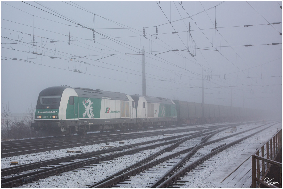 Im Morgennebel, fährt das Steiermarkbahn Tandem 1223 004 und 2016 901, mit dem stark verspätetem SKGAG 96488, von Graz Ostbahnhof nach Zeltweg. 
Knittelfeld 28.12.2017