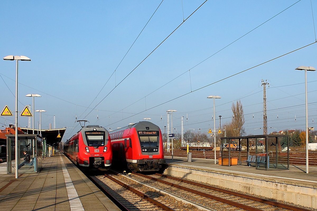 Im November scheint tatsächlich auch einmal die Sonne.
Der 442 817 als RB 20 von Oranienburg über Hennigsdorf nach Potsdam Hbf und der RE  5 von Falkenberg (Elster) nach Stralsund  Hbf  am 27.11.2014 in Oranienburg.

