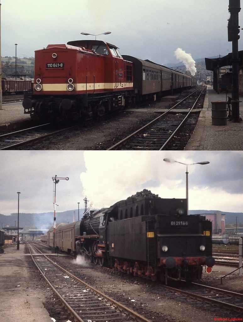 im Oktober 1980 verläßt 110 641-8 mit einem langen Personenzug den Bahnhof Saalfeld, am Zugschluß unterstützt von 01 2118-6. Der Zug wurde in Pößneck getrennt und die 01 kehrte mit dem hinteren Zugteil nach Saalfeld zurück.