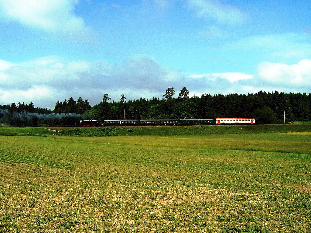 Im Rahmen einer Sonderfahrt befuhr 50 2988 die Strecke der Trossinger Eisenbahn. Aufgrund fehlender Sicherheitseinrichtung auf der 50er, wurde VT 121 der HzL vorgespannt.

Hier die Fuhre bei Villingen Zollhaus auf dem Weg nach Trossingen am 01.06.2009.