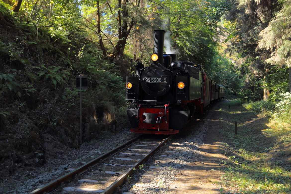Im Rahmen einer Sonderzugfahrt anläßlich ihres 100-jährigen Jubiläums, gab es für 99 5906 am 07.07.2018 einen Stopp, kurz vor dem Unterberger Steinbruch. Dieser war notwendig, um die Weiche zum Anschlußgleis des Steinbruches umzustellen, damit der Zug in dieses einfahren kann, denn es mußte Platz für einen entgegenkommenden Planzug gemacht werden.