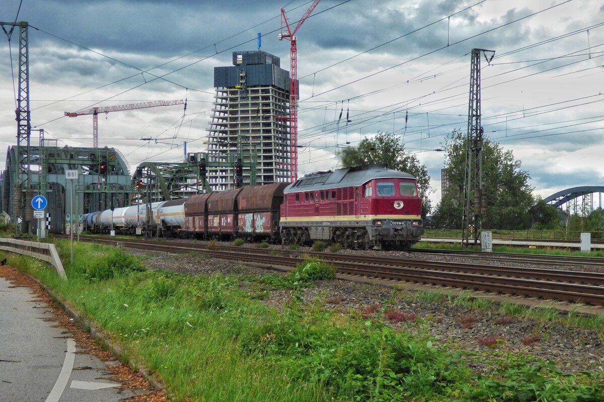 Im Retro-Lack �berf�hrt 132 618-0 (232 618-9) am sp�ten Nachmittag des 20.07.2026 mit einem gemischten G�terzug eine der Eisenbahnbr�cken �ber der Elbe, vorbei am Elbtower.