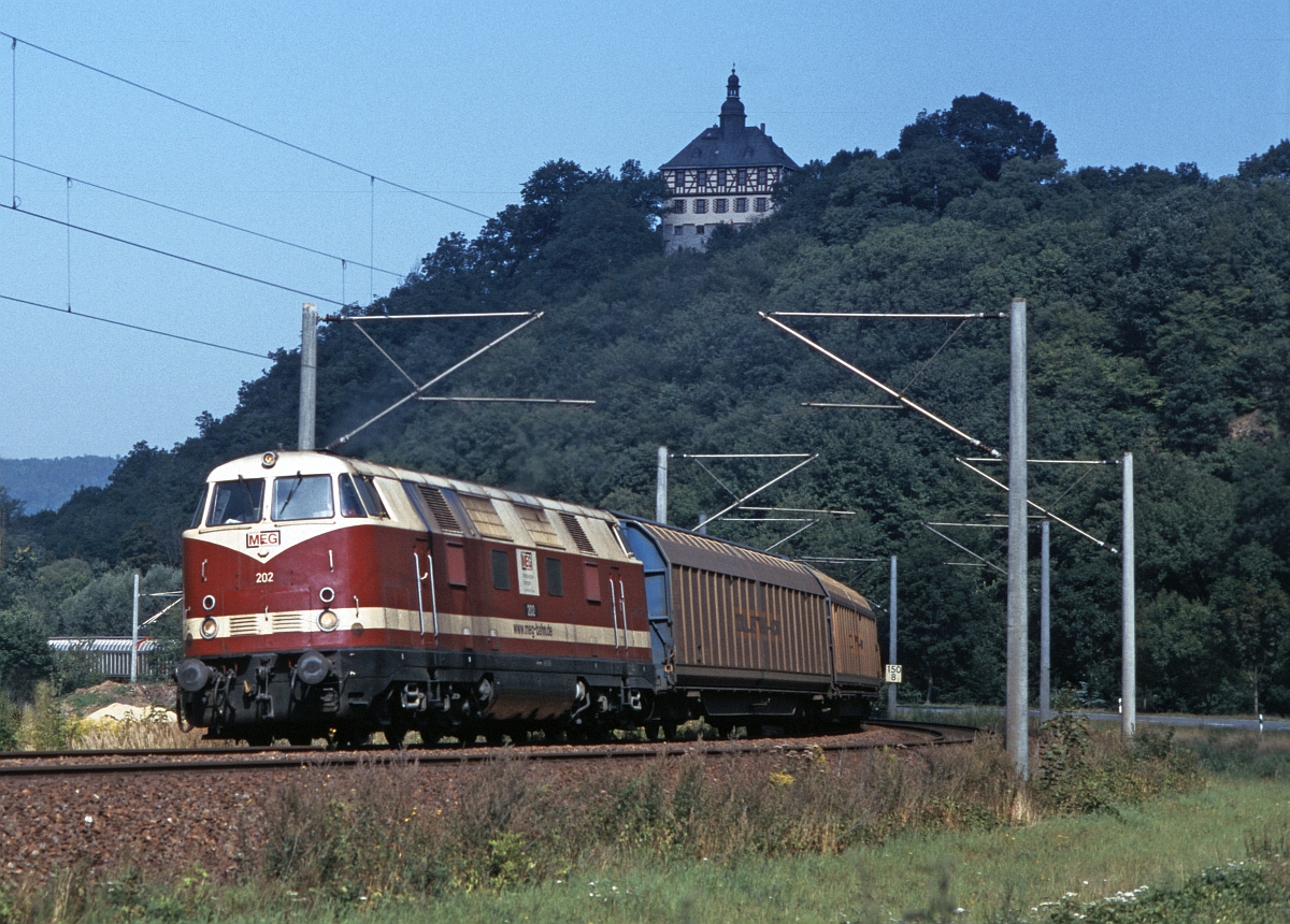 Im Sommer 2005 kehrte mit den 228 der MEG Reichsbahnatmossphäre auf die Strecke Saalfeld - Lobenstein zurück: MEG 202 befördert am 17.8.2005 bei Kaulsdorf einen Zug zur Papierfabrik in Ebersdorf-Friesau.