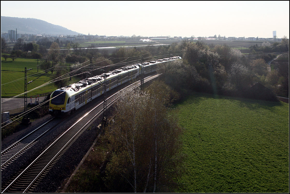 Im Streiflicht der schon tief stehenden Sonne -

... fährt hier eine Doppeltraktion aus zwei fünfteiligen Flirt 3-Triebzügen über die Remsbahn in Richtung Aalen und wird gleich Weinstadt-Endersbach passieren.

06.04.2020 (M)