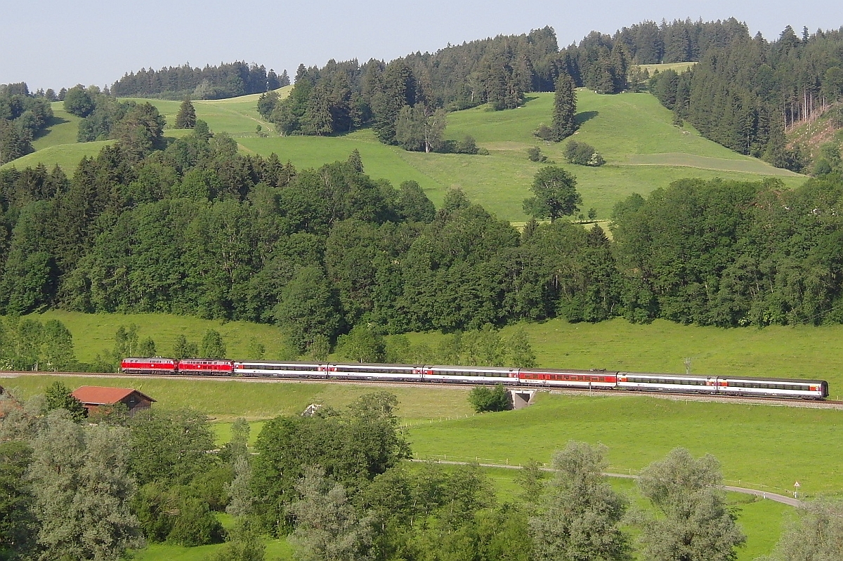 Im Tal der Oberen Argen fhrt am 18.06.2012 EC 192 von Mnchen nach Zrich an Oberthalhofen vorbei