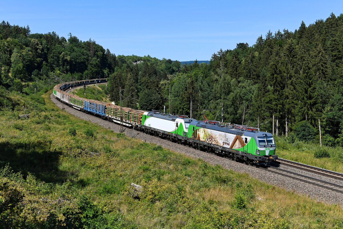 Im Waldstück an der Grenze von der Fränkischen Alb zum Ries bei Gundelsheim konnte ich den mit Stammholz beladenen DGS 47987 aus dem hessischen Wallenrod nach Imst-Pitztal in Tirol aufnehmen. Geführt wurde der Zug von der zum Aufnahmezeitpunkt recht neuen firmeneigenen 193 692 der SETG. Ihre äußere Gestaltung weist darauf hin, dass ein Großteil des Geschäftsfeldes der SETG im Transport des Rohstoffes Holz auf der Schiene liegt. Hinter den Vectron lief noch die 193 812 kalt mit. 