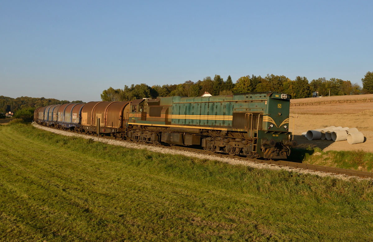 Im wirklich allerletzten Sonnenlicht erreicht die 664 119  Regan  am 10. Oktober mit einem Güterzug von Hodos nach Pragersko den Außenbogen von Pavlovci, eine der wenigen noch  unbemasteten  Stellen.