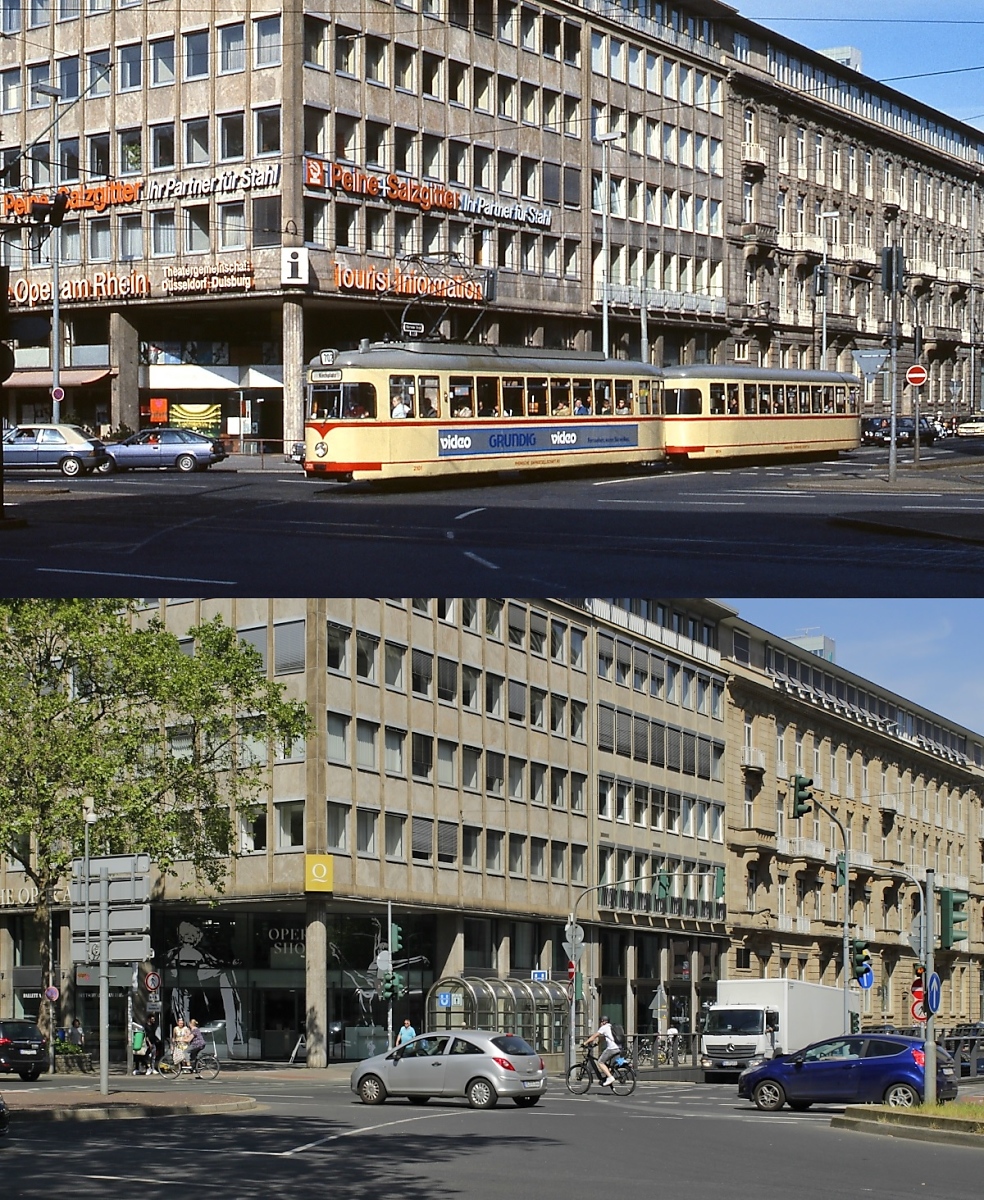 Im Zentrum von Düsseldorf liegt die Kreuzung der Heinrich-Heine-Allee mit der Elberfelder Straße. Auf dem oberen Bild fährt der T4 2101 mit einem Beiwagen, bei dem es sich um einen ehemaligen Triebwagen handelt, in der ersten Hälfte der 1980er Jahre vom Jan-Wellem-Platz in Richtung Altstadt. Damals führten die Schienen noch in alle 4 Richtungen, heute ist der Schienenverkehr unter die Erde in den zentralen Umsteigepunkt Heinrich-Heine-Allee U verlegt, in dem sich die Nord-Südlinien (Hochflur mit 4 Gleisen) und die Wehrhahnlinie (Niederflur, 2 Gleise) kreuzen. Die Bebauung hat sich zwar nicht geändert, es fällt aber auf, dass das Eckhaus ohne farbige Reklame heute doch etwas nüchterner wirkt.