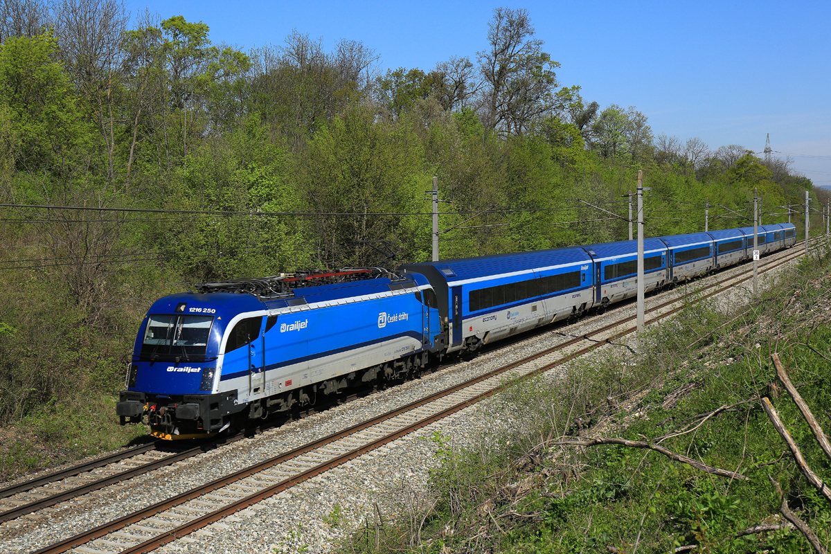 Im Zuge der Sperre der Semmeringbahn pendelten auch Tschechische Railjet-Garnituren zwischen Wien und Wiener Neustadt. 1216 250 mit dem RJ559 (planmäßig ein ÖBB-Railjet) im Leobersdorfer Rabenwald am 16.4.2016