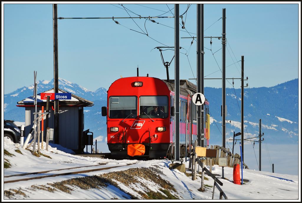 Impressionen aus dem Appenzellerland: R3134 mit BDeh 4/4 16 und ABt 116 taucht aus dem Nebel auf bei der Haltestelle Stoss. Im Rheintal liegt eine zähe Nebelsuppe. (03.12.2013)