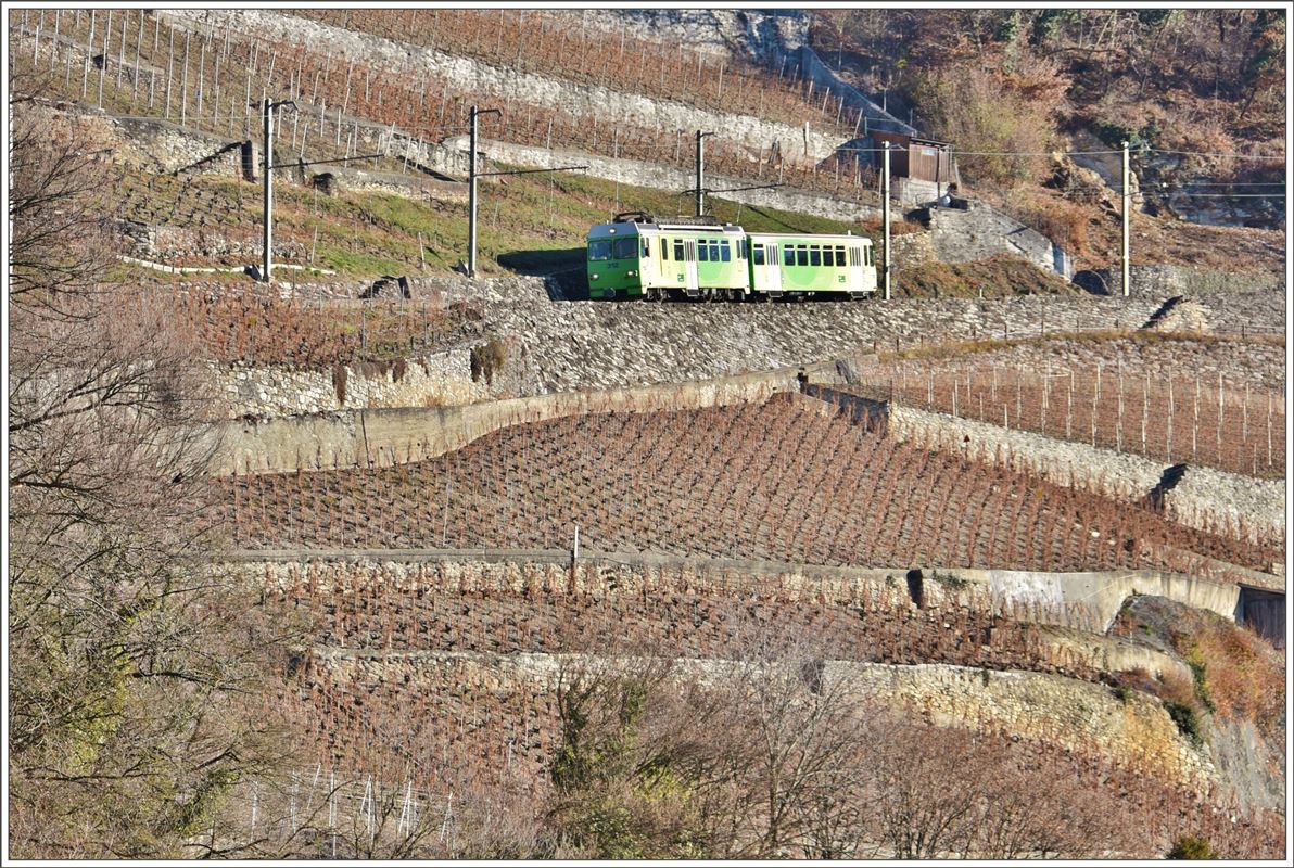 Impressionen vom Dépõt-Atelier AL in Aigle. BDeh 4/4 312 + Bt362 befinden sich mitten in den Rebbergen oberhalb des Dépõt. (14.12.2016)
