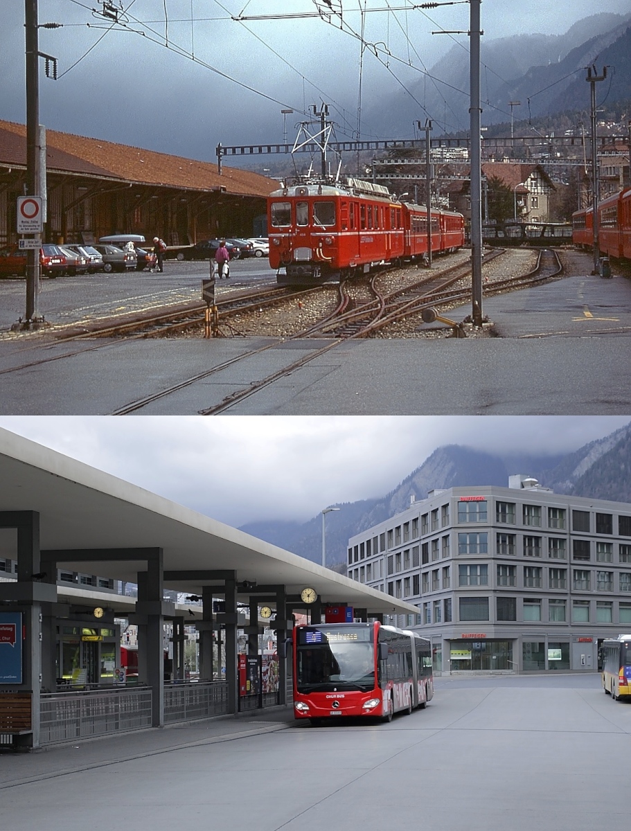 In den 2000er Jahren wurde der Bahnhofsvorplatz von Chur völlig umgestaltet. Statt der Gleisanlagen der Arosabahn (s. obere Aufnahme mit dem ABDe 4/4 484 vom März 1996) befindet sich dort jetzt ein Busbahnhof (s. untere Aufnahme vom 31.03.2022). Die Gleise der Arosabahn liegen heute auf der anderen Seite vom Perron, der Güterschuppen wurde abgerissen und durch einen Neubau ersetzt.