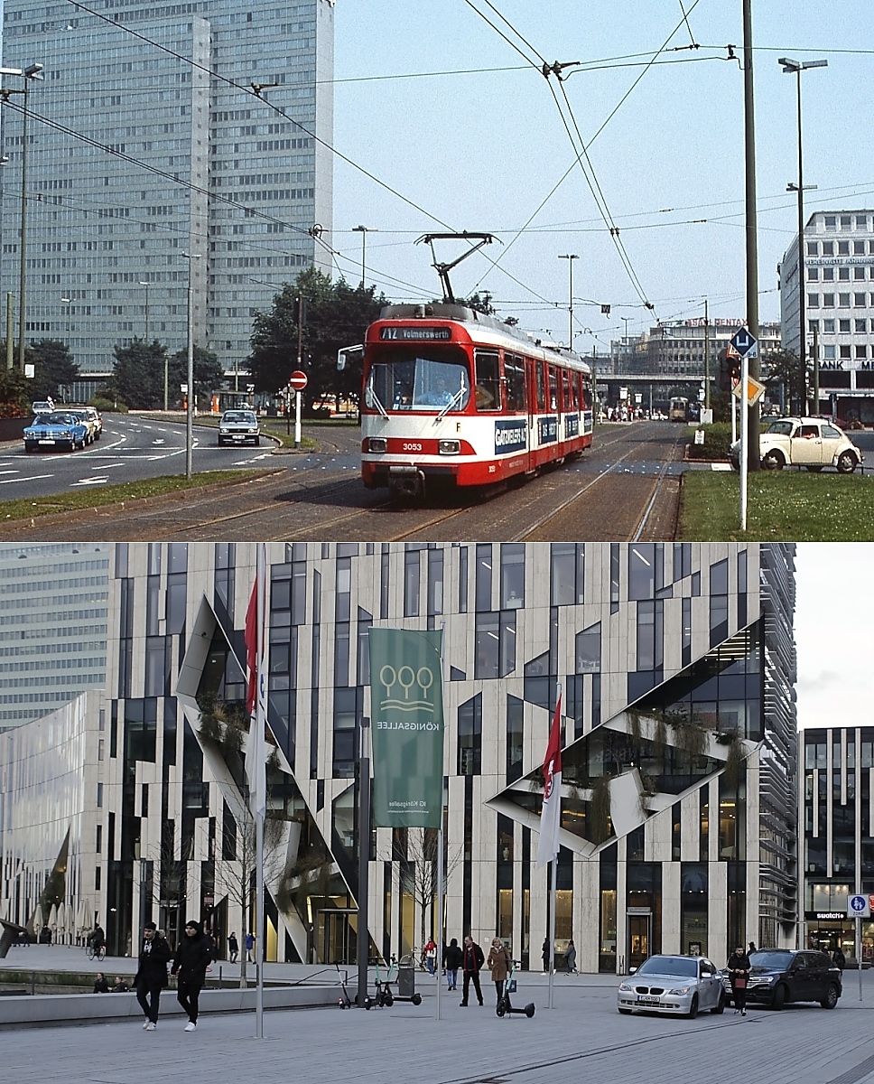 In Anlehnung an einen Buchtitel mit Einst&Jetzt-Aufnahmen aus dem Bergischen Land könnte man dieses Bild mit  Vom Straßenbahnknotenpunkt zum Konsumtempel  bezeichnen. Dort, wo der GT8SU 3053 den Düsseldorfer Jan-Wellem-Platz um 2000 verlässt, steht heute der vom Architekten Daniel Libeskind entworfene Kö-Bogen (04.03.2020). Mit acht Straßenbahnsteiggleisen befand sich hier einmal einer der größten Straßenbahnknotenpunkte Deutschlands. Nachdem die Straßenbahn im Tunnel verschwand,  kann sich hier eine gut betuchte Klientel mit dem Lebensnotwendigen versorgen (Kaufhaus Bräuninger, Apple, Porsche Design etc.). Ob wohl ich ortskundig bin und es einige Hinweise gab, brauchte ich eine ganze Zeit, um den annähernden Standort für das Vergleichsfoto zu finden.