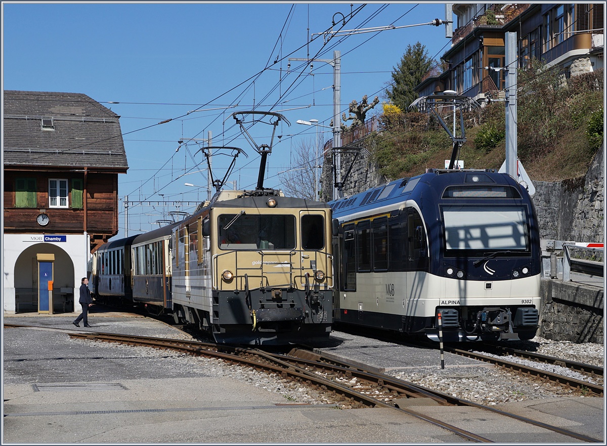In Chamby kreuzen sich der mit einer  Alpina Komposition  (Serie 9000) geführte Regionalzug 2224 von Montreux nach Zweisimmen und der MOB Belle Epoque 2217 von Zweisimmen nach Montreux mit der GDe 4/4 6005 an der Spitze.
27. März 2017