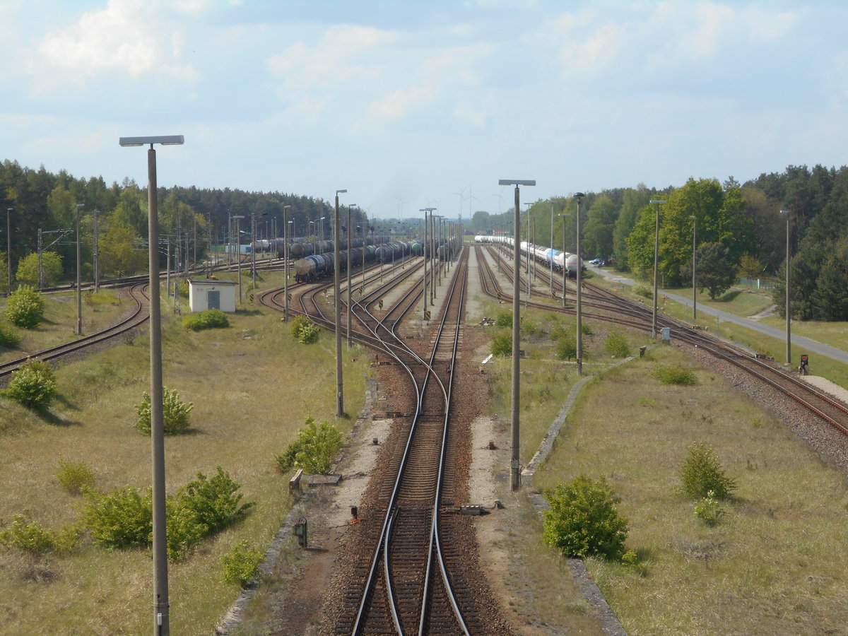 In der Ein-und Ausfahrgruppen im Werkbahnhof Stendell stehen unzählige Kesselwagen.Aufgenommen am 18.Mai 2019 von der Fussgängerbrücke aus.