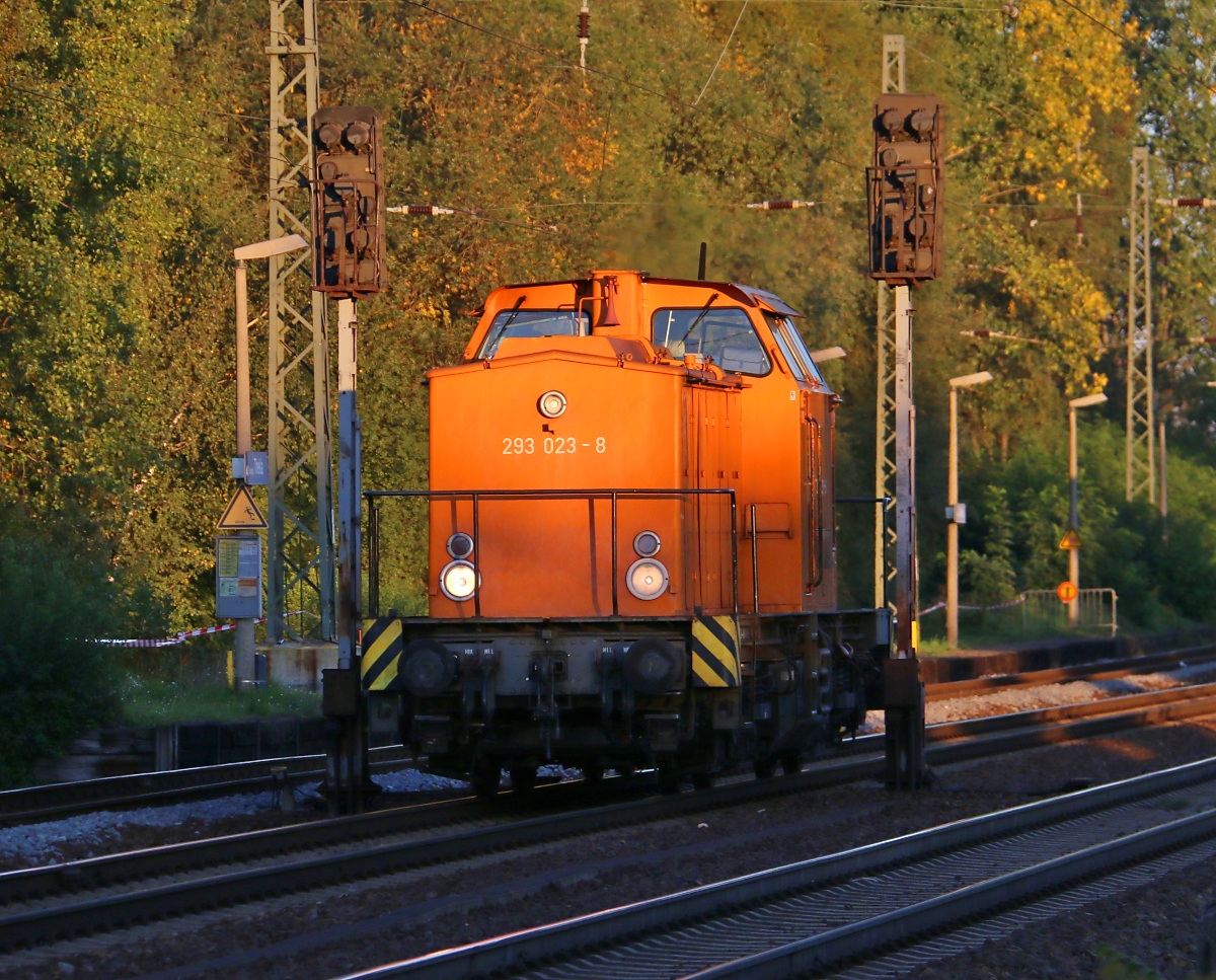 In einem der letzten Lichtstrahlen am Abend des 02.10.2015 konnte in Leipzig-Thekla die 293 023-8 abgelichtet werden.