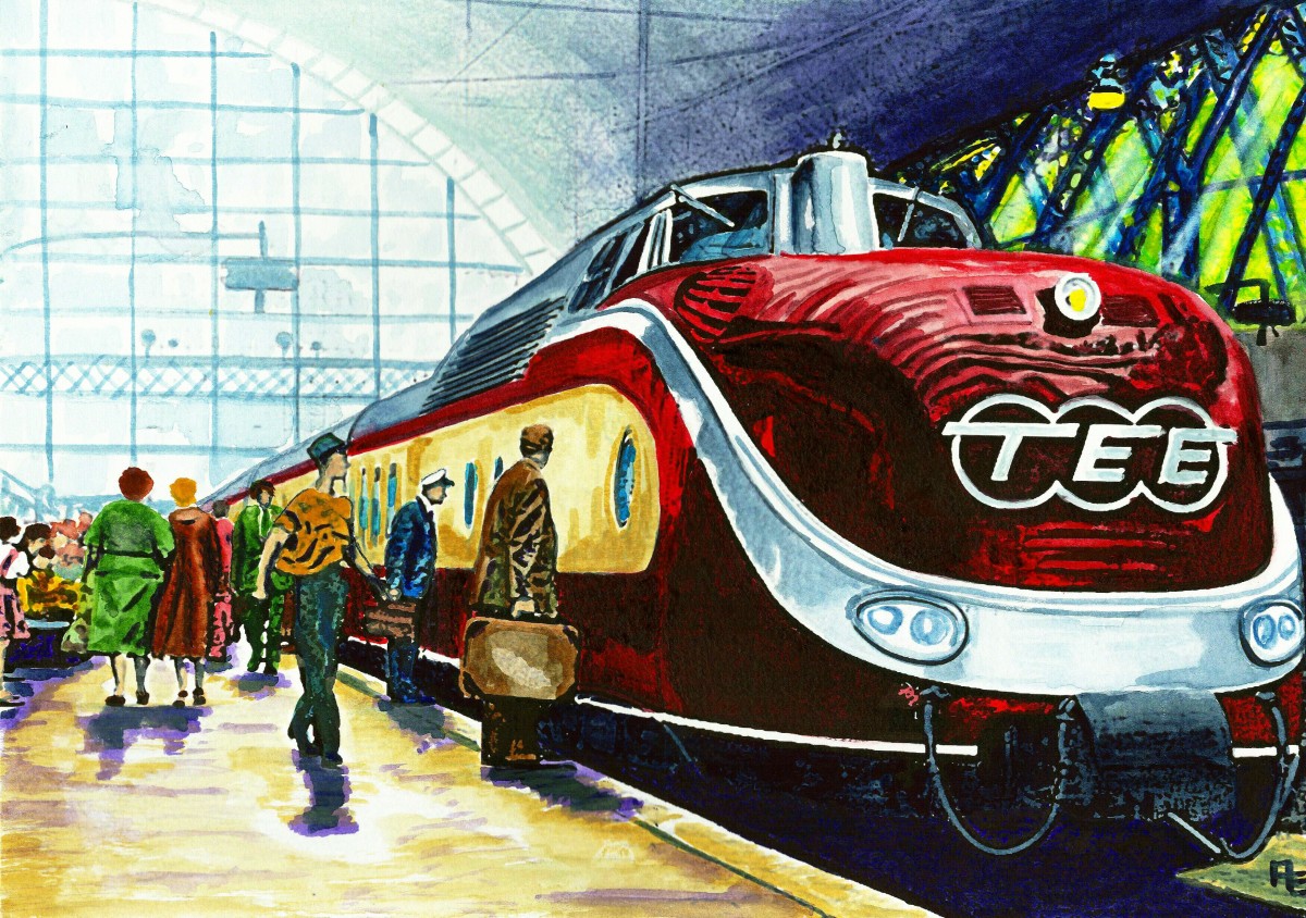 In Frankfurt (Main) Hbf. ist im Juni 1959 der TEE-Zug VT11 5002 eingefahren. 
Ein Wunder der Technik und zusätzlich wunderschön. Dieses Aquarell basiert auf einem Foto der Sammlung von Klaus Wedde.

