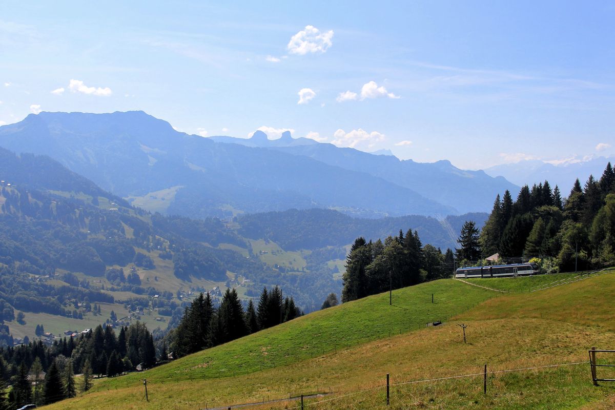 In der grandiosen Landschaft erklimmt MVR Triebzug 7501 winzig klein den Berg Les Pléiades. 2.August 2018 