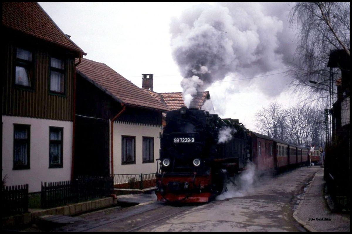 In der Kirchstraße von Wernigerode war am 28.12.1991 um 12.08 Uhr 997239 mit dem P 14443 in Richtung Hochharz unterwegs.