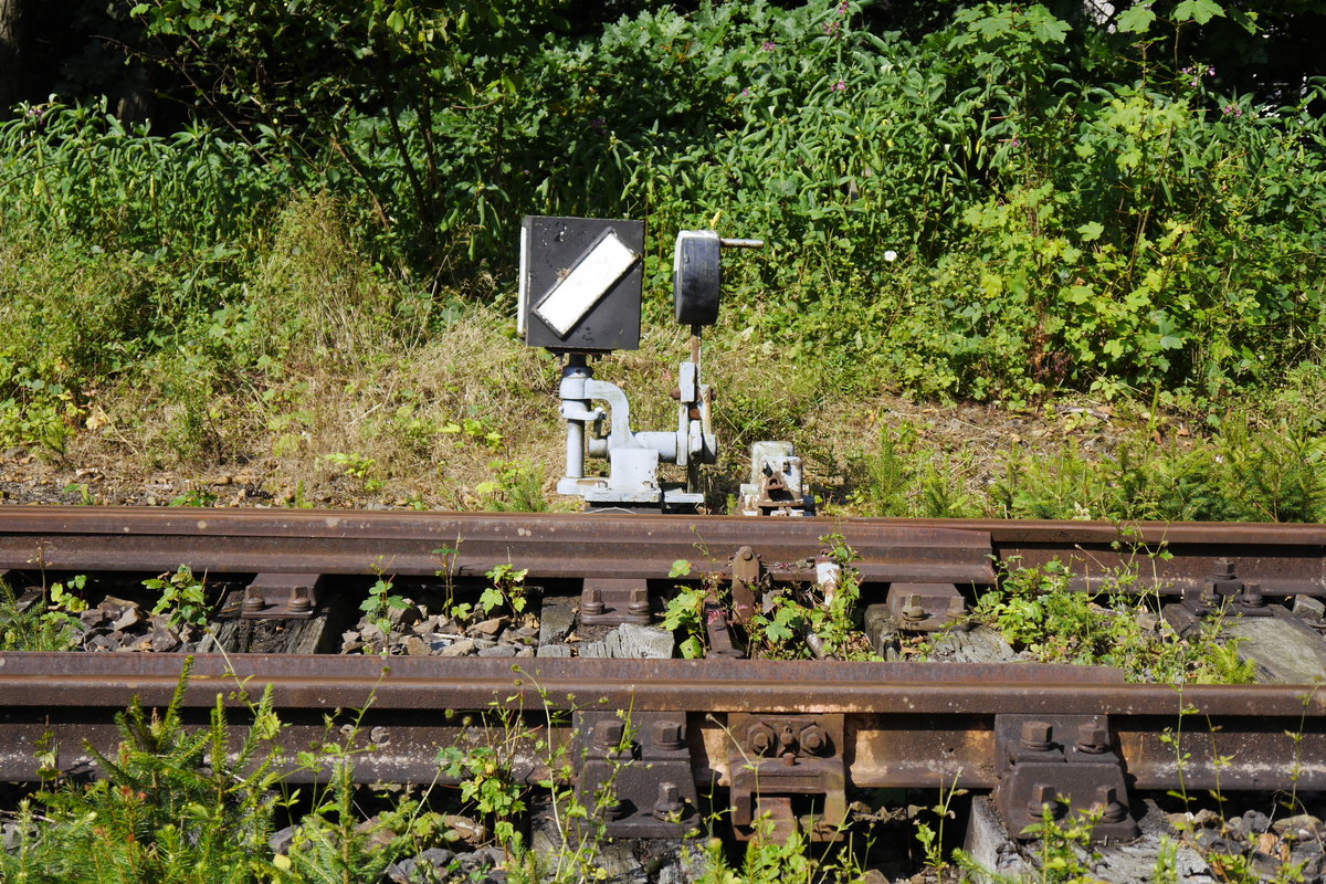 In km 2,8, kurz hiner dem Hp Weiershagen, zweigt von der Wiehltalbahn ein nicht mehr genutztes Industriegleis ba. Im Bild vom 24.7.16 sieht man die ortsgestellte Weiche.