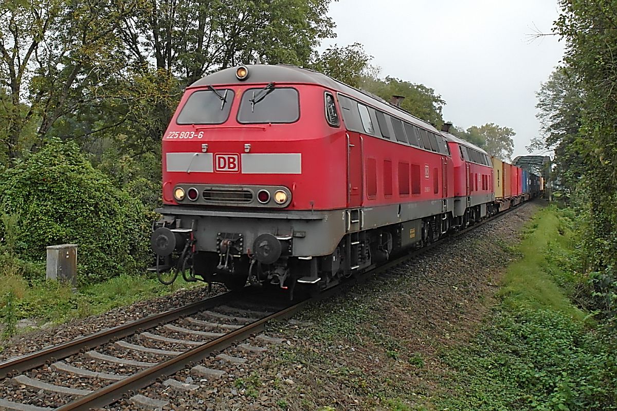 In Lindau-Reutin haben 225 803-6 und 225 809-3 den in Wolfurt gestarteten Containerzug bernommen und ziehen diesen ber die Bodenseegrtelbahn (KBS 731) und Sdbahn (KBS 751) nach Ulm. Dort wird eine E-Lok den Zug bernehmen und zum Zielbahnhof Maschen fahren. Am 11.09.2014 passiert der Containerzug in der Nhe von Langenargen die Brcke ber die Argen.
