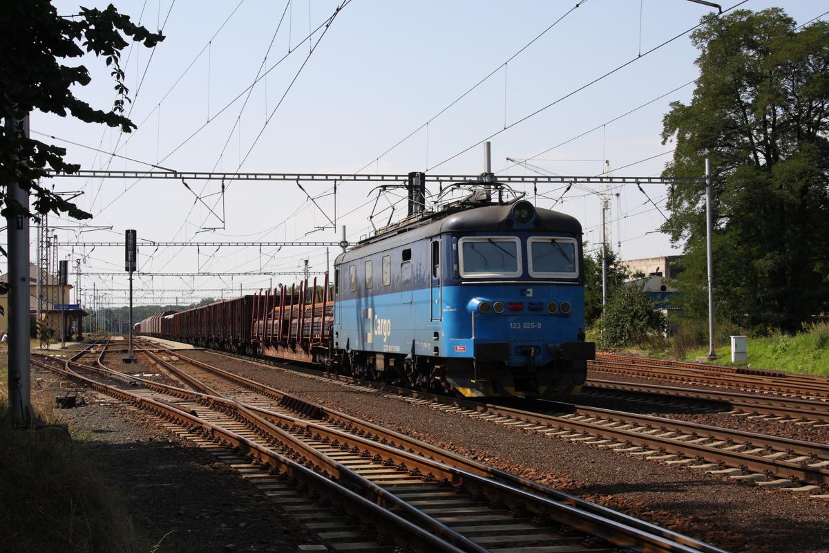 In neuer CD Cargo Lackierung ist 123025 mit einem Güterzug am 27.8.2011 in Zabori nad Labem in Richtung Pardubitz unterwegs.